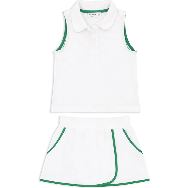 Girls White French Terry Tennis Tank Top And Skort Set With Bermuda Green Trim