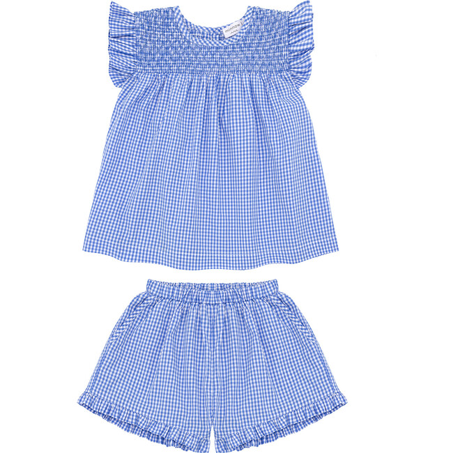 Girls Sky Blue Gingham Smocked Top And Short Set