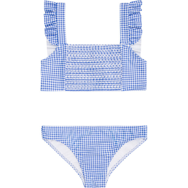 Girls Sky Blue Gingham Smocked Ruffle Strap Bikini