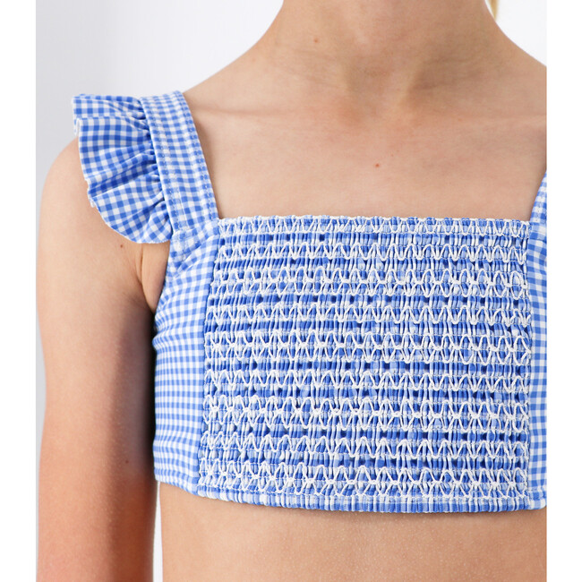 Girls Sky Blue Gingham Smocked Ruffle Strap Bikini - One Pieces - 2