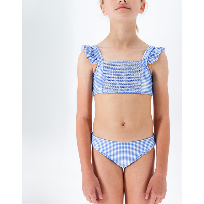 Girls Sky Blue Gingham Smocked Ruffle Strap Bikini - One Pieces - 3