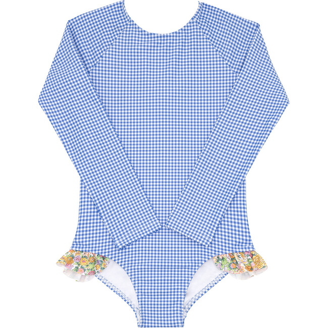 Girls Sky Blue Gingham Rashguard One Piece