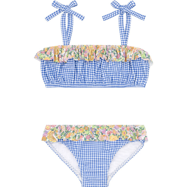Girls Sky Blue Gingham Bandeau Tie Strap Bikini