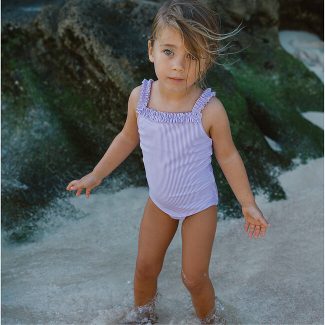 Girls Lavender Stripe Ruched Strap One Piece - One Pieces - 5