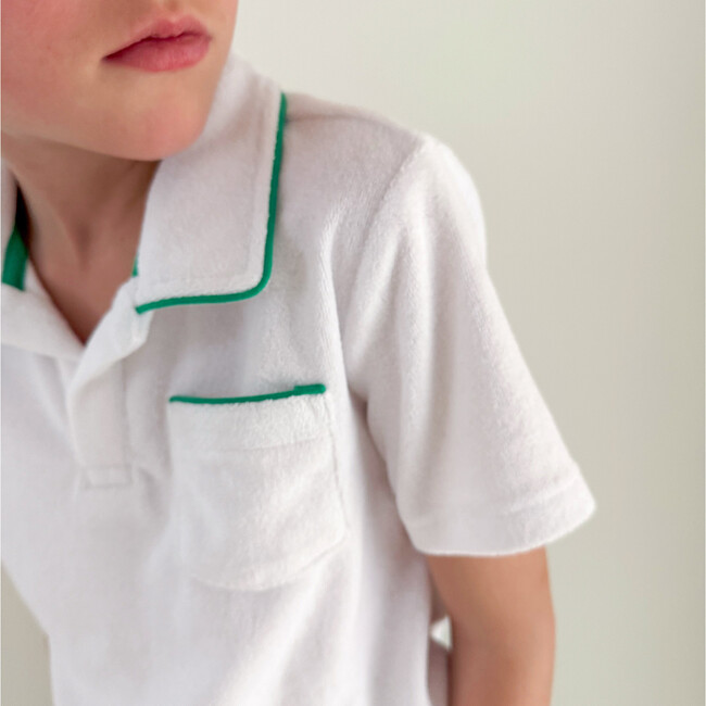 Boys White French Terry Polo With Bermuda Green Trim - Polo Shirts - 2