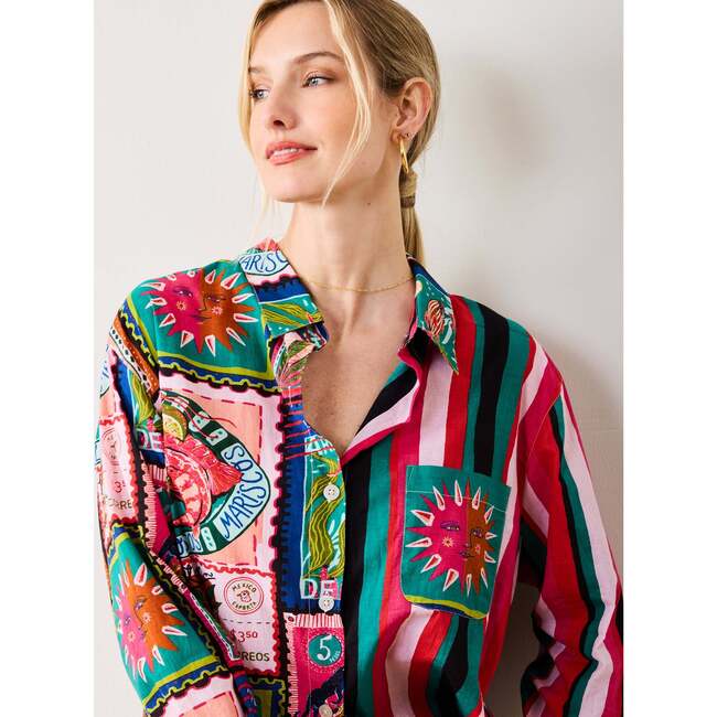 Colorful Coast, Classic Button Down with  Pocket , Vibrant Ink - Blouses - 2