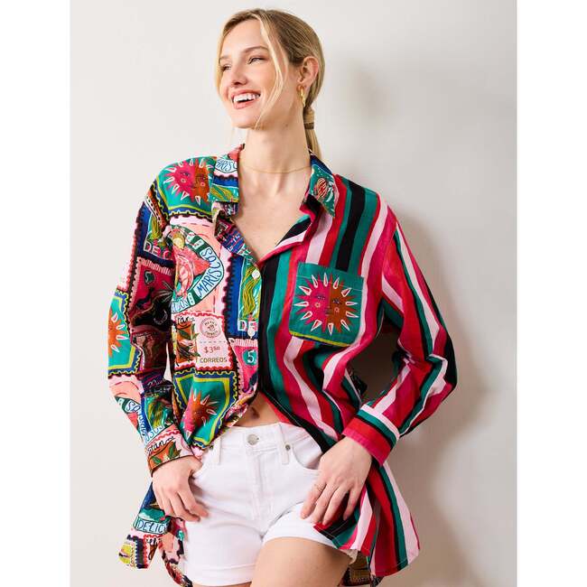 Colorful Coast, Classic Button Down with  Pocket , Vibrant Ink - Blouses - 3