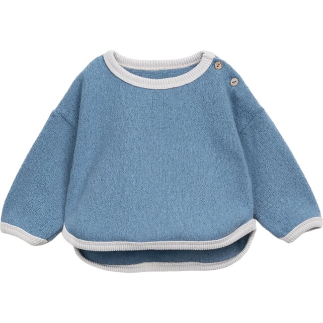 Contrast Hem Crew Neck Long Sleeve 2-Button Shoulder Sweatshirt, Blue
