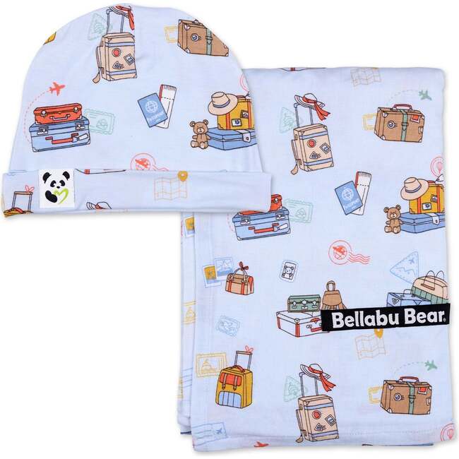 Vintage Suitcases Bamboo Swaddle & Beanie Set, Blue
