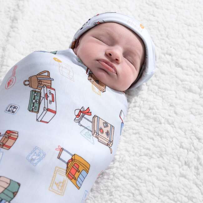 Vintage Suitcases Bamboo Swaddle & Beanie Set, Blue - Swaddles - 2