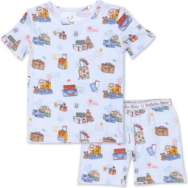 Vintage Suitcases Kids Pajama Short Set, Blue