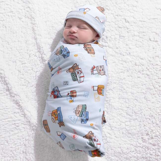 Vintage Suitcases Bamboo Swaddle & Beanie Set, Blue - Swaddles - 3