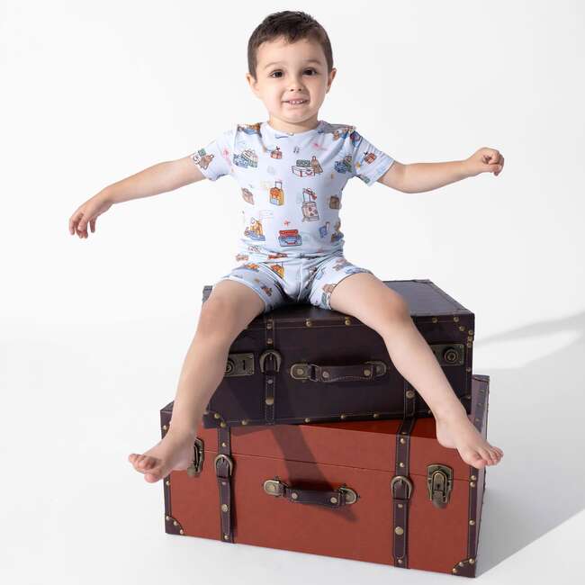 Vintage Suitcases Kids Pajama Short Set, Blue - Pajamas - 4