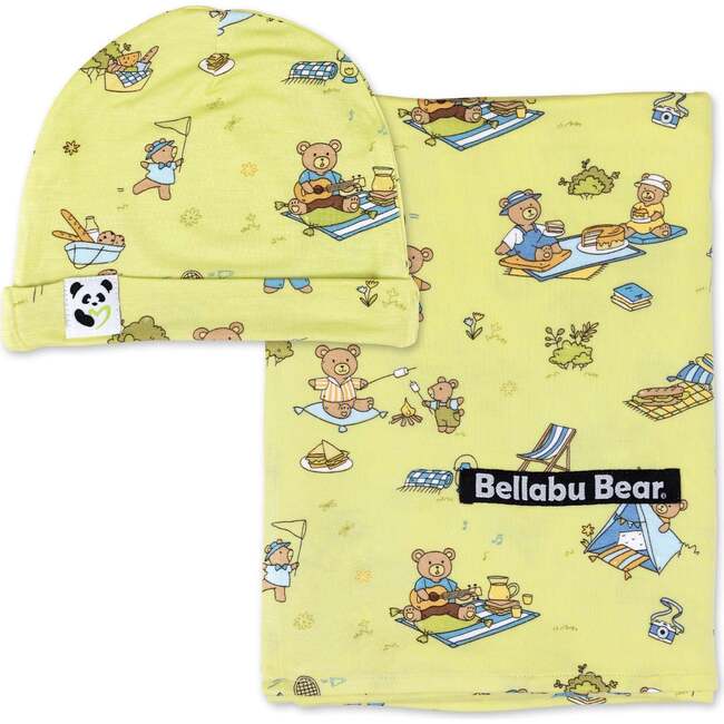 Teddy Bear Picnic Bamboo Swaddle & Beanie Set, Yellow