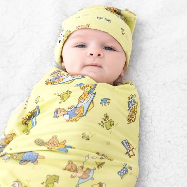 Teddy Bear Picnic Bamboo Swaddle & Beanie Set, Yellow - Swaddles - 2