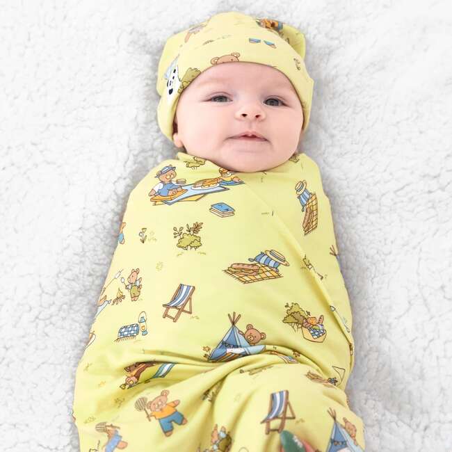 Teddy Bear Picnic Bamboo Swaddle & Beanie Set, Yellow - Swaddles - 3