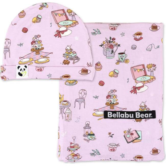 Tea Party Bamboo Swaddle & Beanie Set, Pink