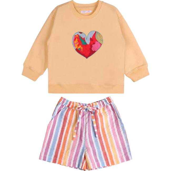 Orange Happy Heart Sweatshirt + Rainbow Shorts Set