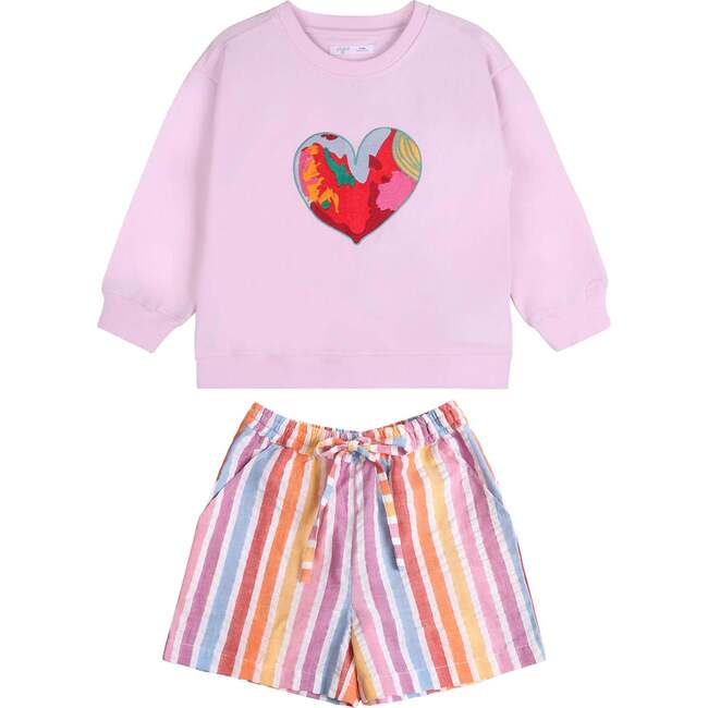 Pink Happy Heart Sweatshirt + Rainbow Shorts Set