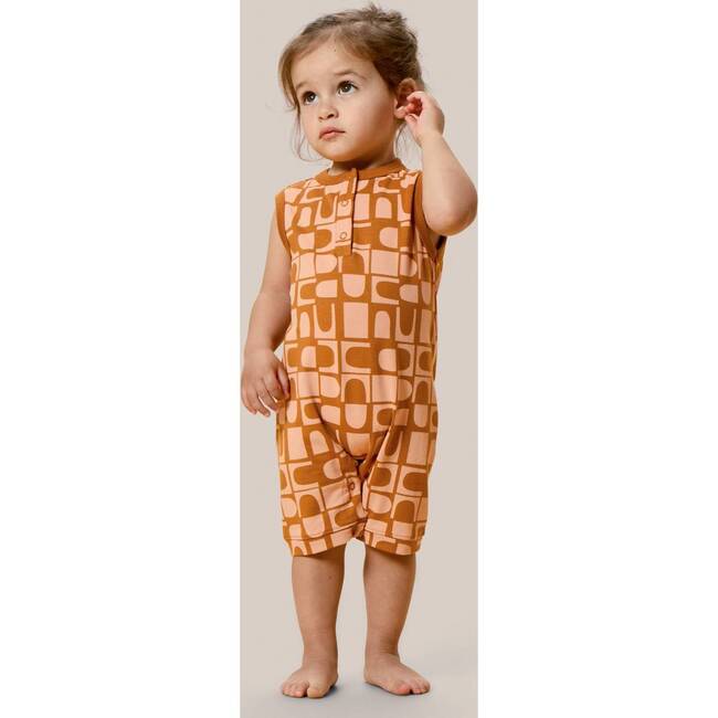 Printed Henley Romper, Orange - Rompers - 2
