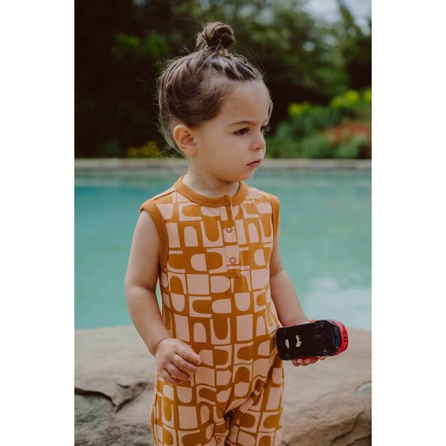 Printed Henley Romper, Orange - Rompers - 3