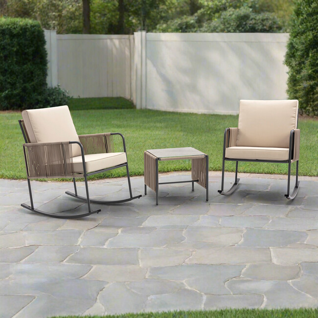 Teamson Home Steel Frame Rocking Chair Conversation Set with Rope Accent Outdoor Furniture - Outdoor Home - 2