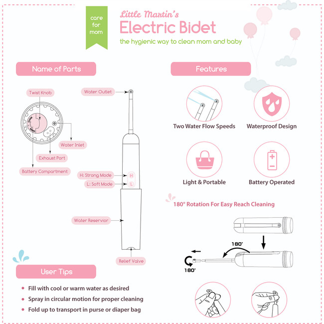 Portable Electric Travel Bidet: Pink - Vaginal Wipes & Wash - 7