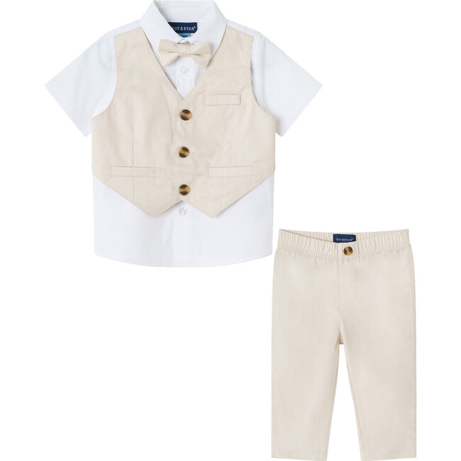 Infant  4-Piece Short Sleeve White Buttondown Shirt, Bowtie, Vest & Pant Set, Stone