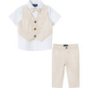 Infant  4-Piece Short Sleeve White Buttondown Shirt, Bowtie, Vest & Pant Set, Stone - Mixed Apparel Set - 1 - thumbnail