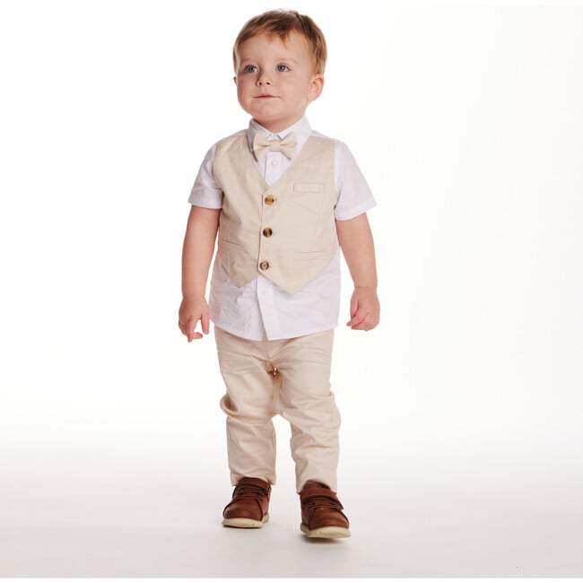 Infant  4-Piece Short Sleeve White Buttondown Shirt, Bowtie, Vest & Pant Set, Stone - Mixed Apparel Set - 2