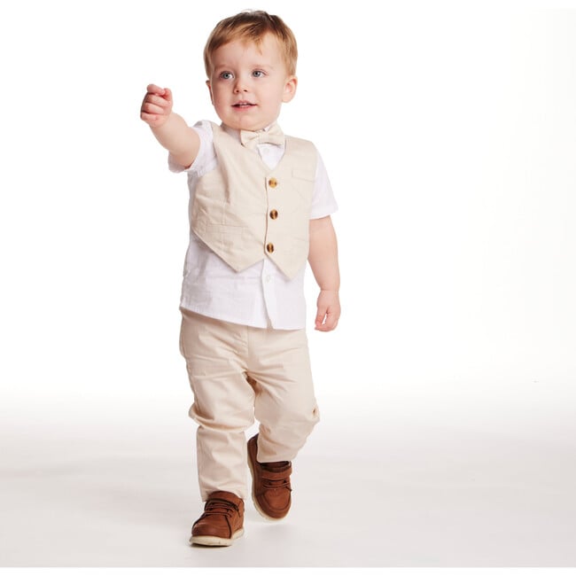 Infant  4-Piece Short Sleeve White Buttondown Shirt, Bowtie, Vest & Pant Set, Stone - Mixed Apparel Set - 3