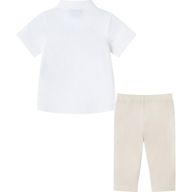 Infant  4-Piece Short Sleeve White Buttondown Shirt, Bowtie, Vest & Pant Set, Stone - Mixed Apparel Set - 4