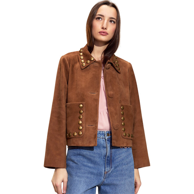 Studded Suede Cropped Jacket, Brown