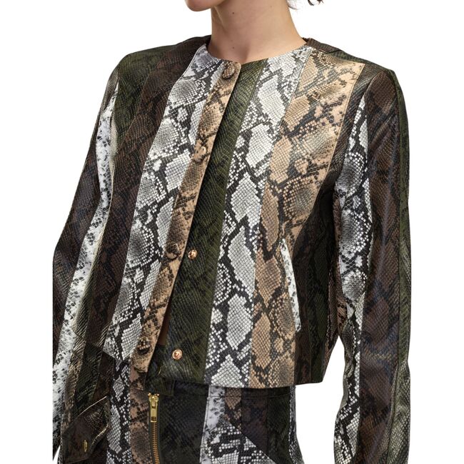 Snake-Embossed Vegan Leather Cropped Jacket, Multi