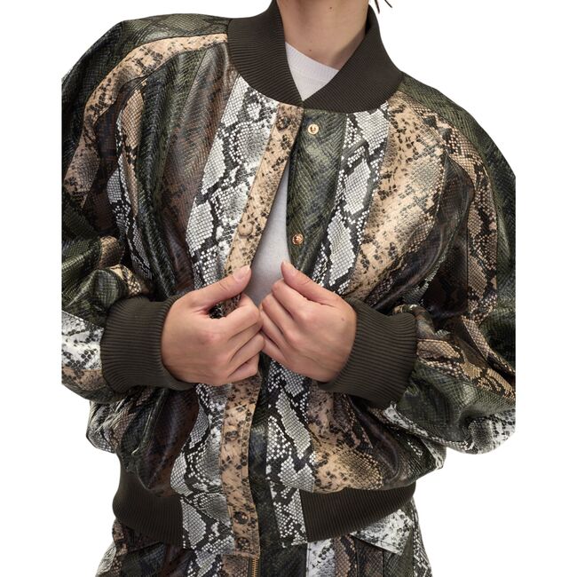 Snake-Embossed Vegan Leather Bomber Jacket, Multi - Fleece & Sherpa Jackets - 3