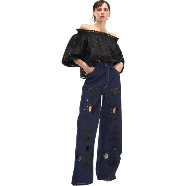 Embroidered Wide-leg Jean, Navy Black