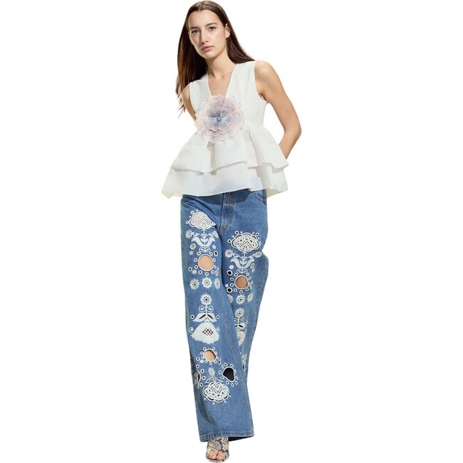 Embroidered Wide-leg Jean, Blue White