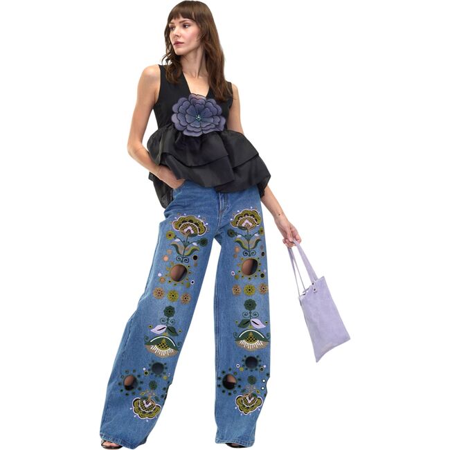 Embroidered Wide-leg Jean, Blue Multi