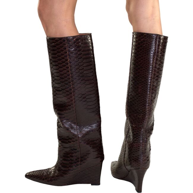 Embossed Leather Wedge Boot, Brown - Boots - 3