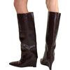 Embossed Leather Wedge Boot, Brown - Boots - 3