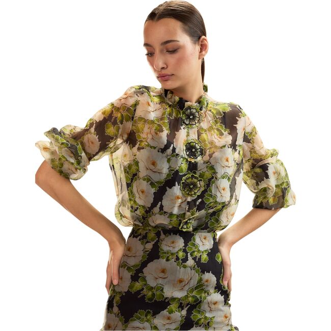Cornelia Silk Blouse, Black Floral