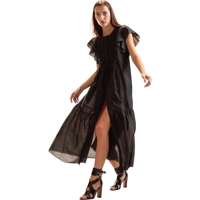 Ramie Midi Pintuck Kaftan, Black