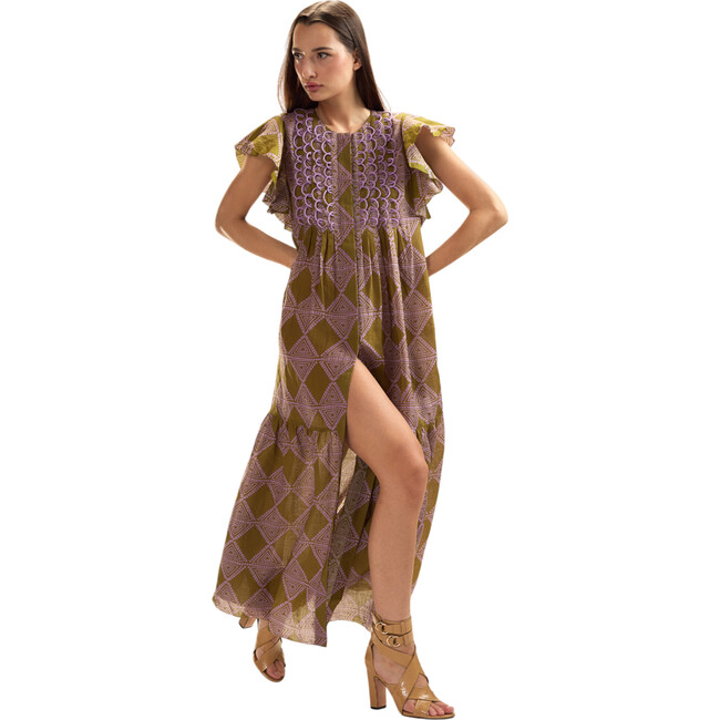 Ramie Midi Pintuck Kaftan, Amber Green/Lavender