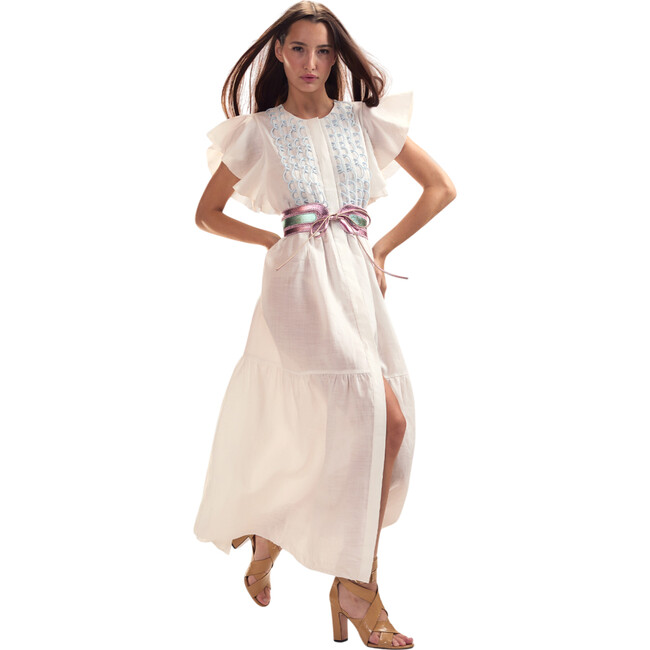 Ramie Midi Pintuck Kaftan, White