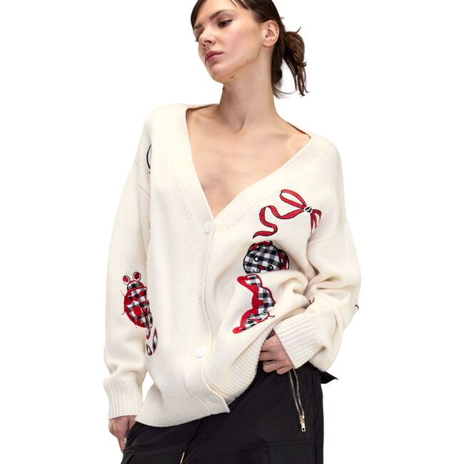 Playful Patchwork Cardigan, White Red