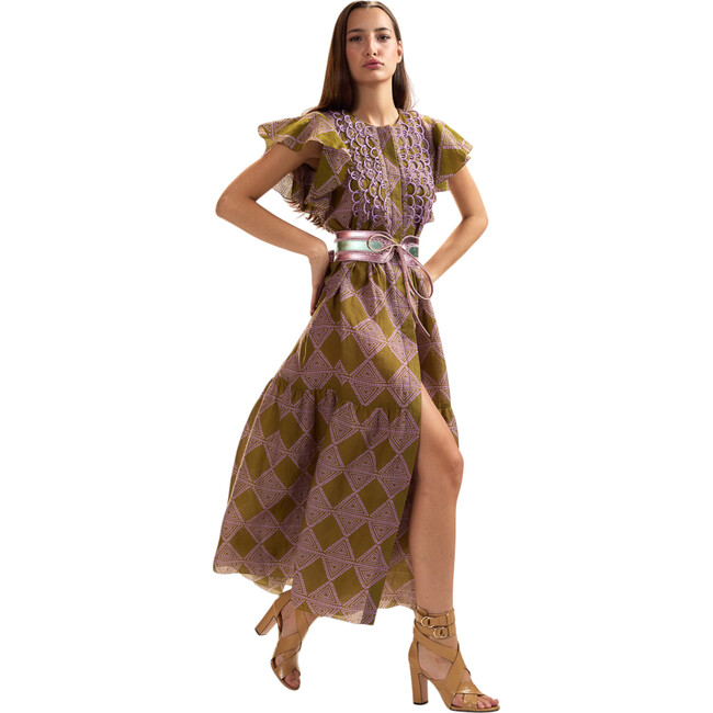 Ramie Midi Pintuck Kaftan, Amber Green/Lavender - Dresses - 2