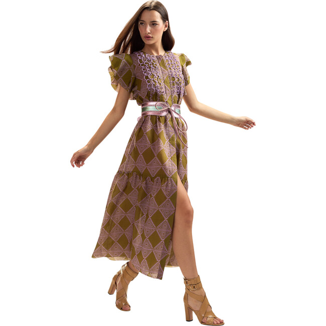 Ramie Midi Pintuck Kaftan, Amber Green/Lavender - Dresses - 3