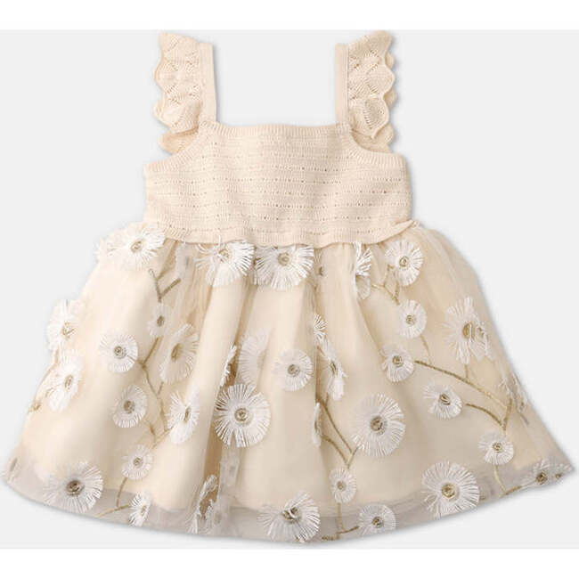 Baby Jade Crochet-Like Style Knitted Top & Flower Embroidered Tulle Dress, Beige