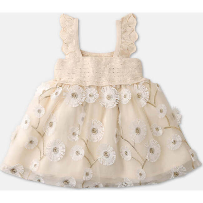 Baby Jade Crochet-Like Style Knitted Top & Flower Embroidered Tulle Dress, Beige - Dresses - 2
