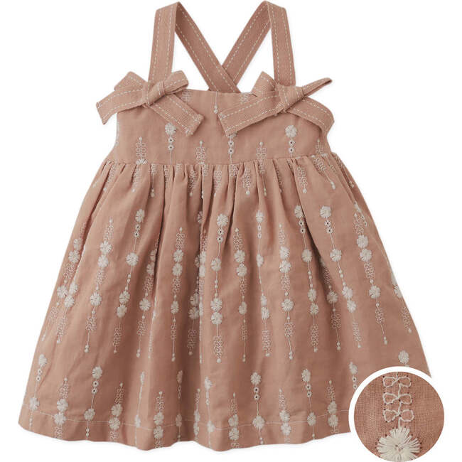 Baby Dinah Strappy Embroidered Dress With Bow, Brown